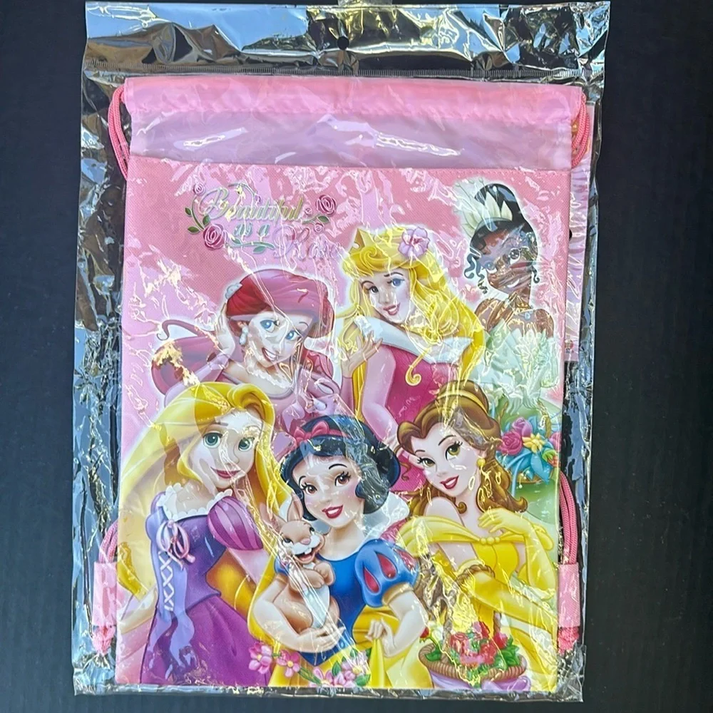 New Disney Princess Hot Pink Drawstring Bag With Coloring Book